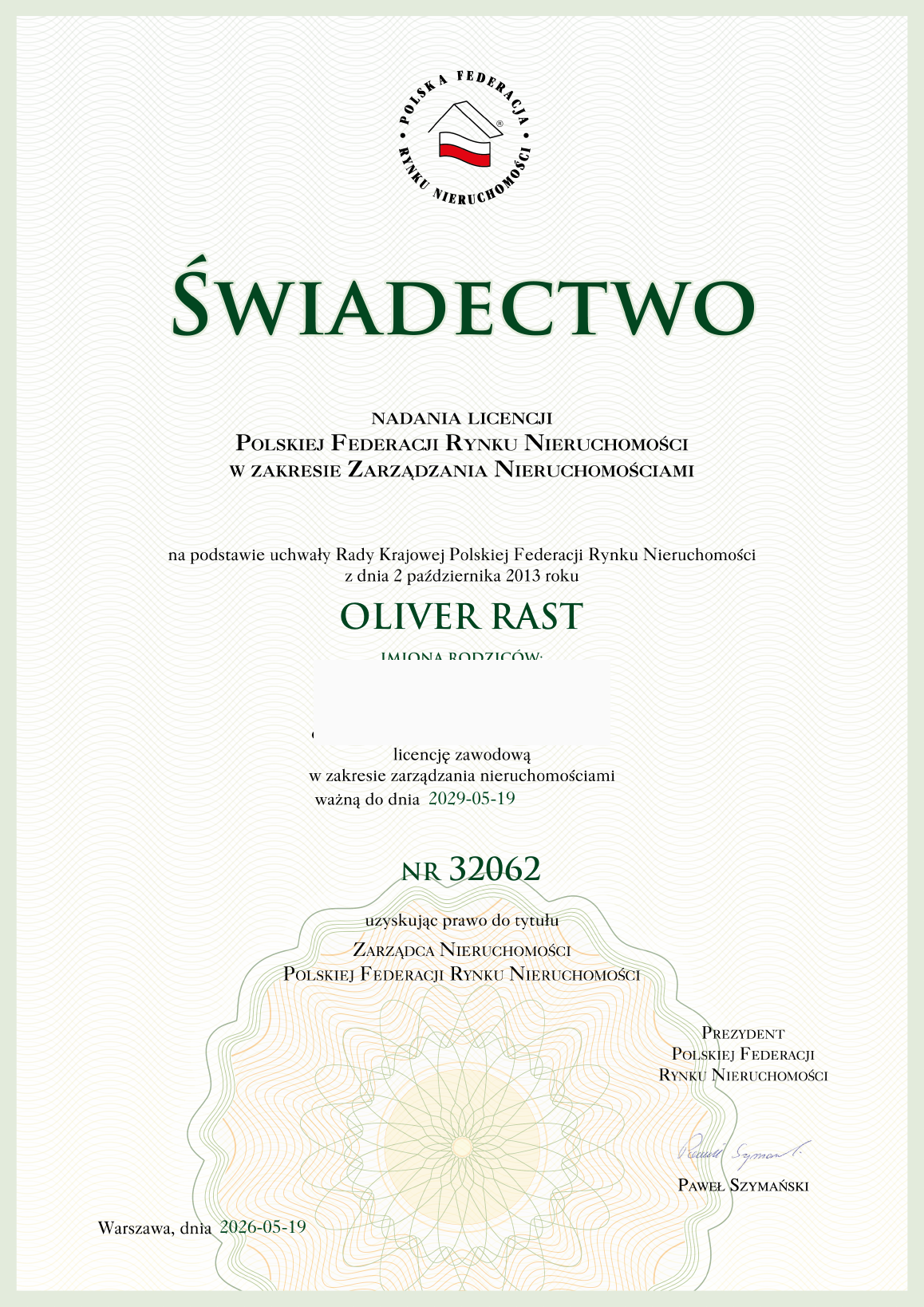 Licencja zarządcy nieruchomości PFRN nr 32062